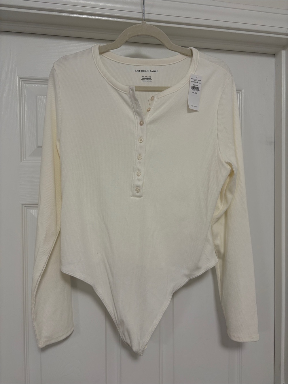American Eagle Outfitters Cream Waffle Henley Long Sleeve Top bodysuit